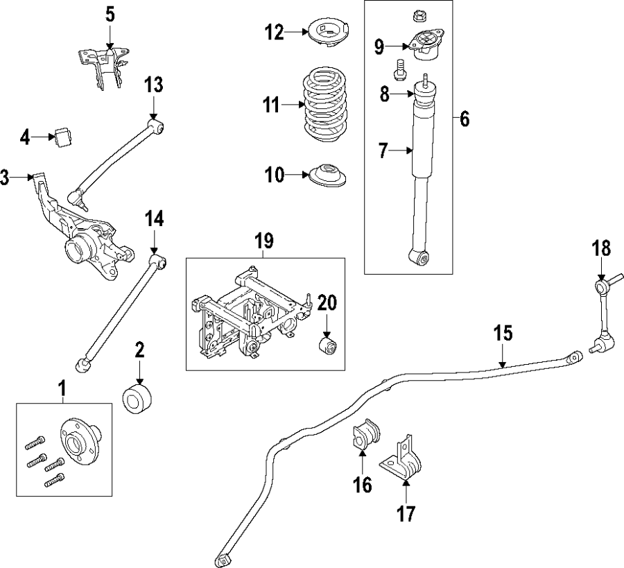 Diagram REAR SUSPENSION. LOWER CONTROL ARM. STABILIZER BAR. SUSPENSION COMPONENTS. UPPER CONTROL ARM. for your 2019 Lincoln MKZ Reserve I Sedan  