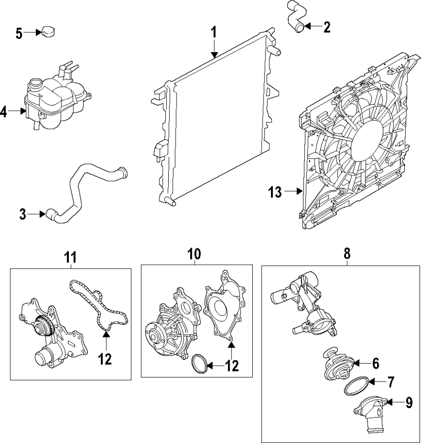 Diagram Cooling system. Cooling fan. Radiator. Water pump. for your 2022 Ford Explorer   