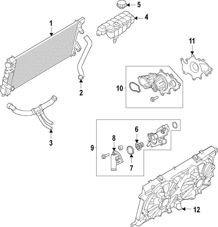 Diagram Cooling system. Cooling fan. Radiator. Water pump. for your Ford