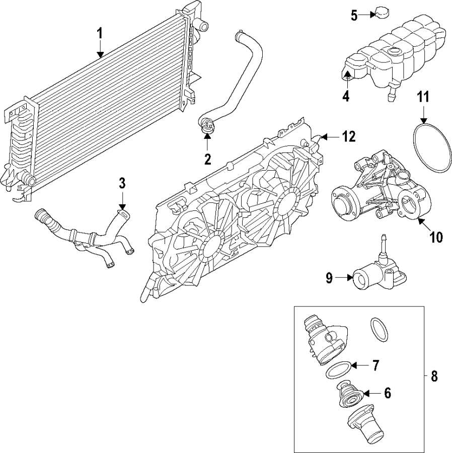 Diagram Cooling system. Cooling fan. Radiator. Water pump. for your Ford