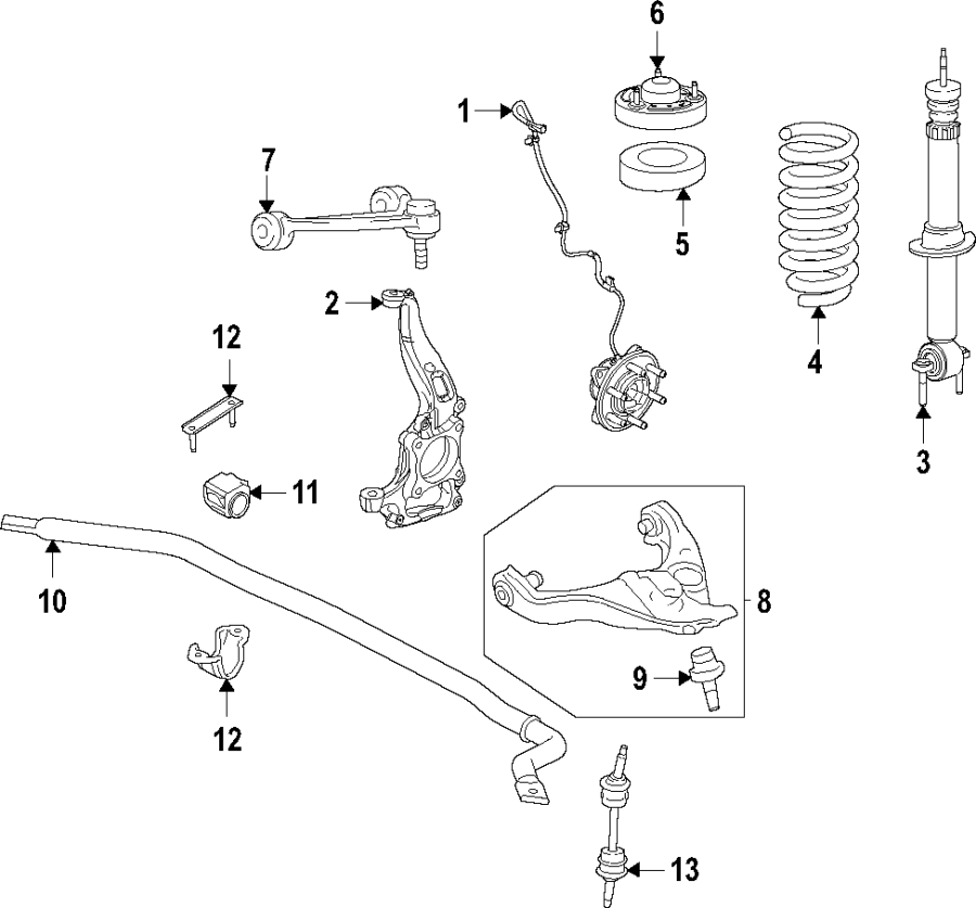 Diagram Front suspension. Lower control arm. Stabilizer bar. Suspension components. Upper control arm. for your 2024 Ford F-150 2.7L EcoBoost V6 A/T 4WD XL Extended Cab Pickup Fleetside 