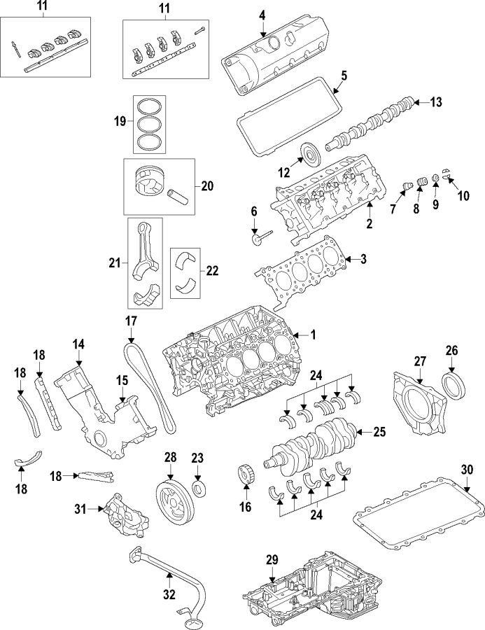 Diagram Camshaft & timing. Crankshaft & bearings. Cylinder head & valves. Lubrication. Mounts. Pistons. Rings & bearings. for your Ford