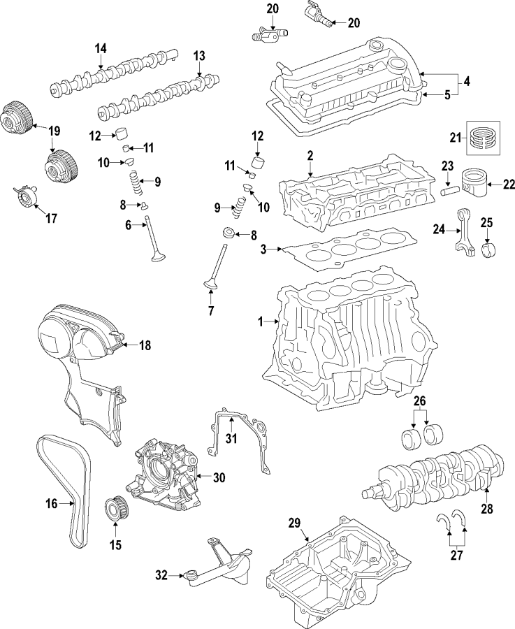 Diagram CAMSHAFT & TIMING. CRANKSHAFT & BEARINGS. CYLINDER HEAD & VALVES. LUBRICATION. MOUNTS. PISTONS. RINGS & BEARINGS. for your 2013 Ford Fusion   