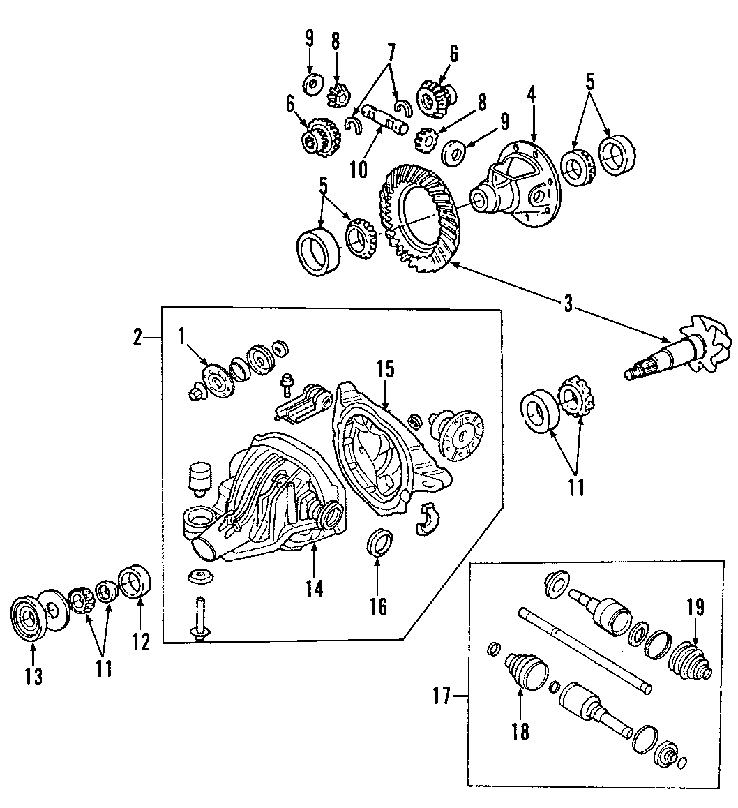 Diagram REAR AXLE. AXLE SHAFTS & JOINTS. DIFFERENTIAL. DRIVE AXLES. PROPELLER SHAFT. for your 1997 Ford Taurus   