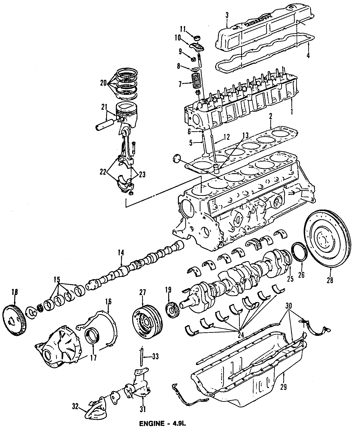 Diagram CAMSHAFT & TIMING. CRANKSHAFT & BEARINGS. CYLINDER HEAD & VALVES. LUBRICATION. MOUNTS. PISTONS. RINGS & BEARINGS. for your 1984 Ford F-150 4.9L 6 cylinder M/T 4WD XL Standard Cab Pickup Stepside 