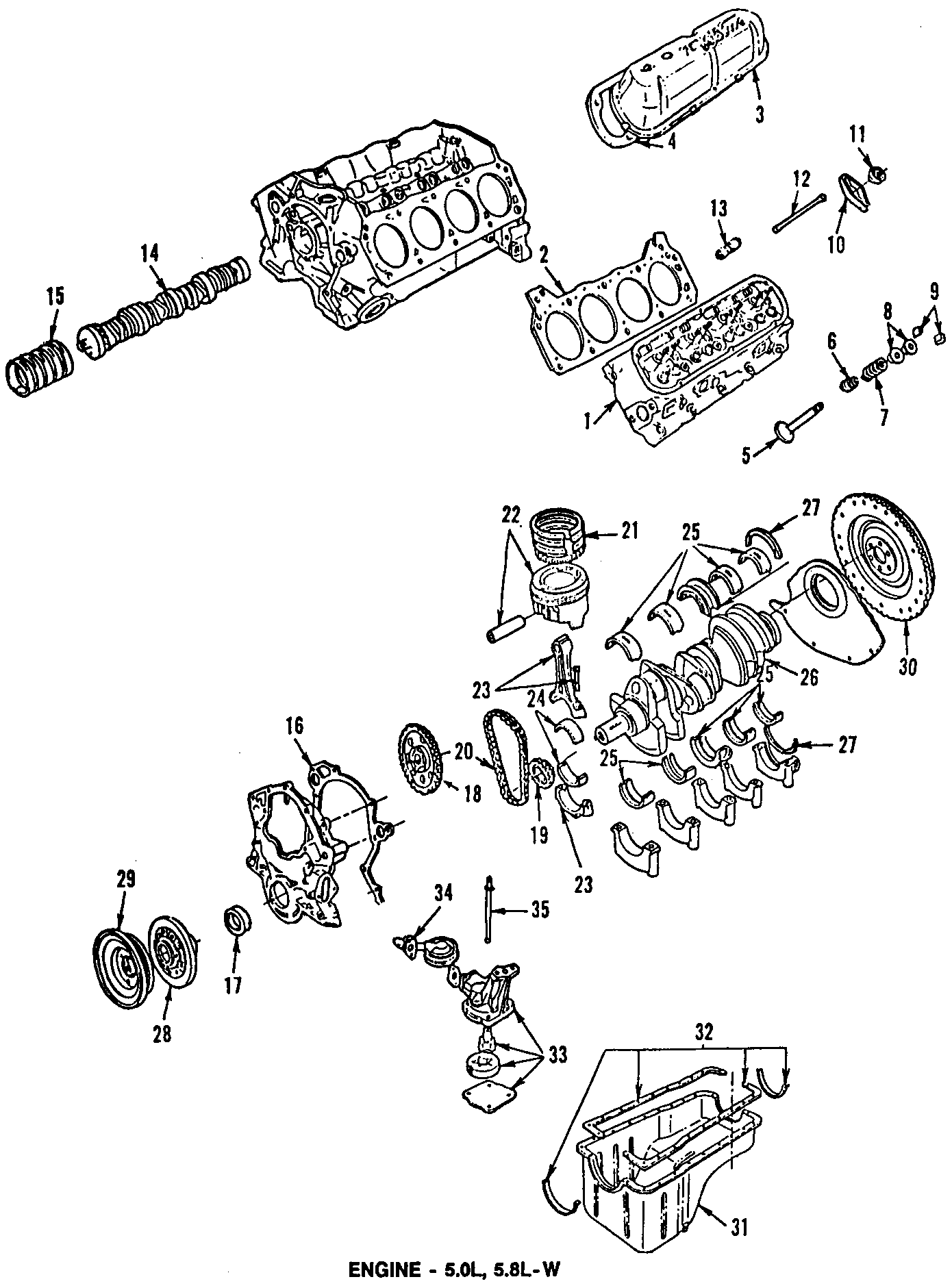 Diagram CAMSHAFT & TIMING. CRANKSHAFT & BEARINGS. CYLINDER HEAD & VALVES. LUBRICATION. MOUNTS. PISTONS. RINGS & BEARINGS. for your 1993 Ford F-150 5.0L V8 M/T RWD XLT Standard Cab Pickup Fleetside 