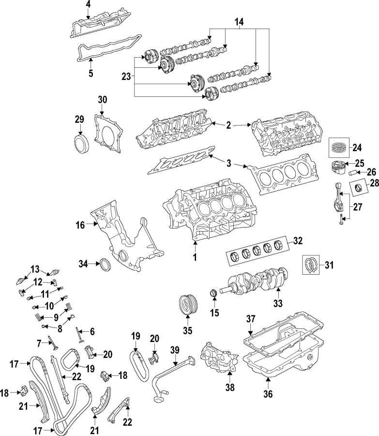 Diagram CAMSHAFT & TIMING. CRANKSHAFT & BEARINGS. CYLINDER HEAD & VALVES. LUBRICATION. MOUNTS. PISTONS. RINGS & BEARINGS. for your Ford F-150  