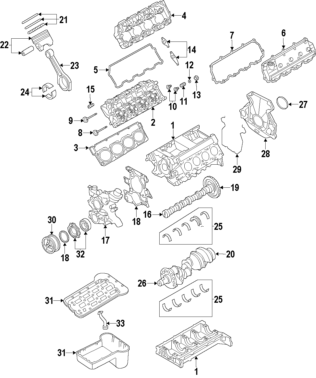 Diagram CAMSHAFT & TIMING. CRANKSHAFT & BEARINGS. CYLINDER HEAD & VALVES. LUBRICATION. MOUNTS. PISTONS. RINGS & BEARINGS. for your Ford F-550 Super Duty  