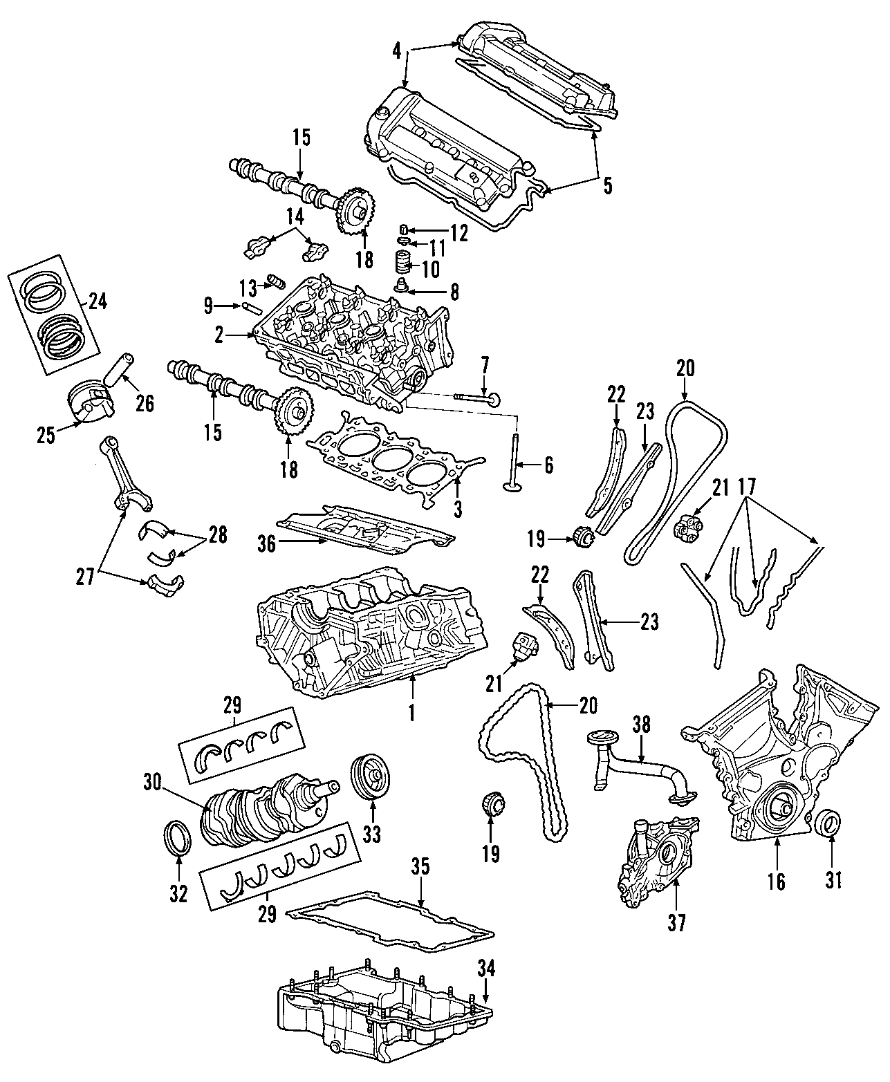 Diagram CAMSHAFT & TIMING. CRANKSHAFT & BEARINGS. CYLINDER HEAD & VALVES. LUBRICATION. MOUNTS. PISTONS. RINGS & BEARINGS. for your Mercury Mariner  