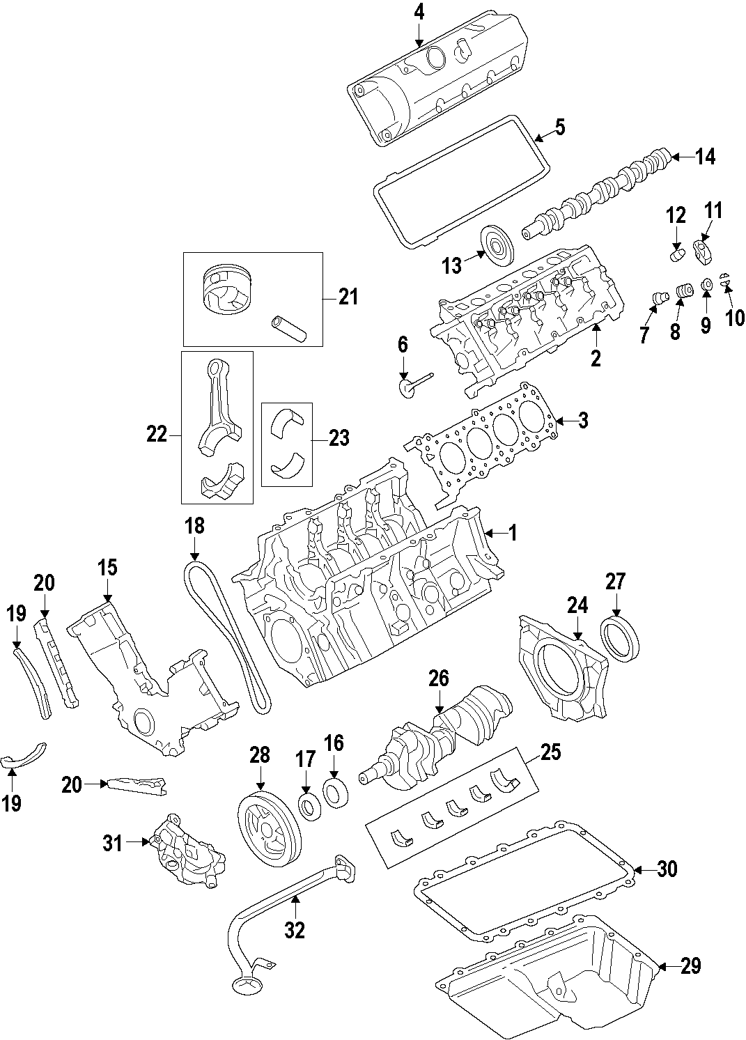 Diagram CAMSHAFT & TIMING. CRANKSHAFT & BEARINGS. CYLINDER HEAD & VALVES. LUBRICATION. MOUNTS. PISTONS. RINGS & BEARINGS. for your Ford