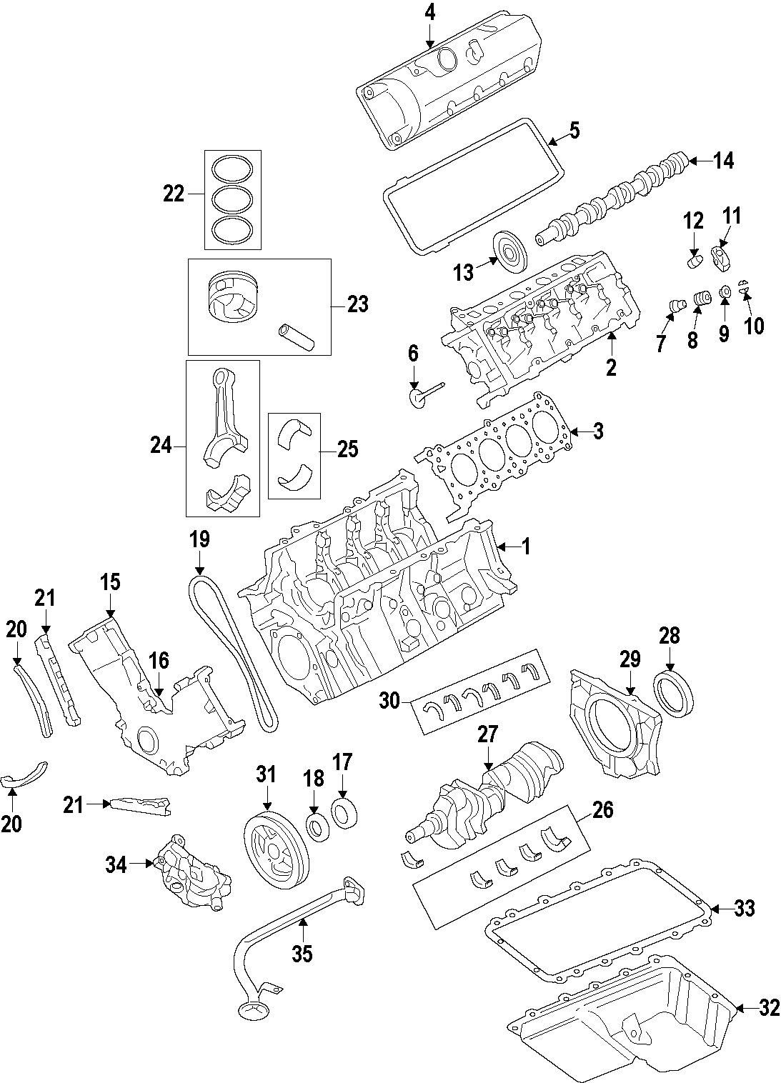 CAMSHAFT & TIMING. CRANKSHAFT & BEARINGS. CYLINDER HEAD & VALVES. LUBRICATION. MOUNTS. PISTONS. RINGS & BEARINGS. Diagram