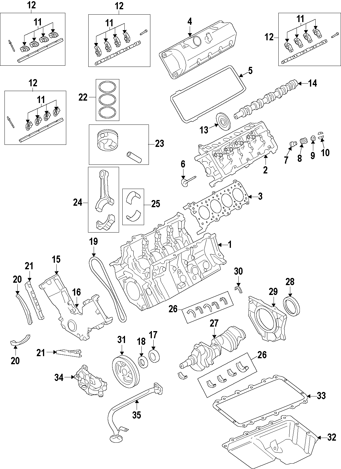 CAMSHAFT & TIMING. CRANKSHAFT & BEARINGS. CYLINDER HEAD & VALVES. LUBRICATION. MOUNTS. PISTONS. RINGS & BEARINGS. Diagram