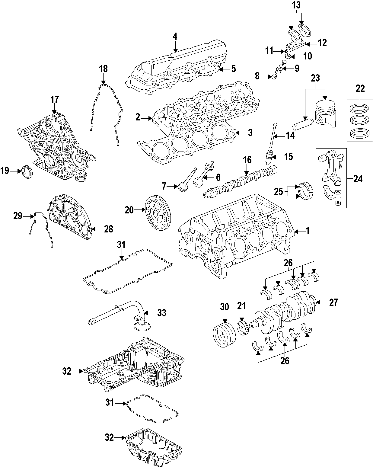 Diagram CAMSHAFT & TIMING. CRANKSHAFT & BEARINGS. CYLINDER HEAD & VALVES. LUBRICATION. MOUNTS. PISTONS. RINGS & BEARINGS. for your Ford