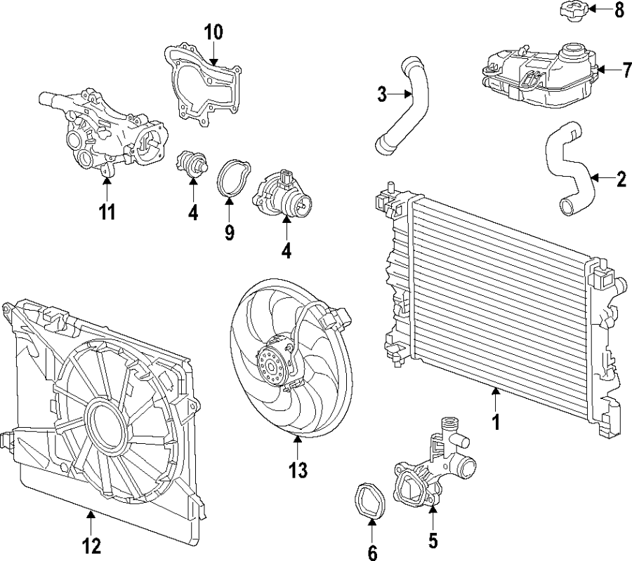 Diagram COOLING SYSTEM. COOLING FAN. RADIATOR. WATER PUMP. for your 2021 Chevrolet Camaro LT Coupe 2.0L Ecotec A/T 