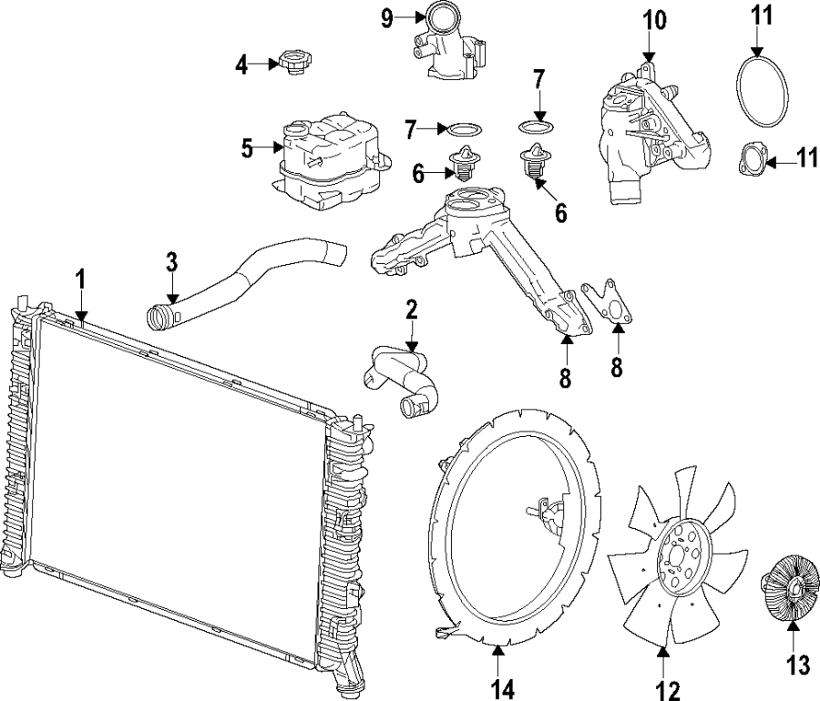 Diagram Cooling system. Cooling fan. Radiator. Water pump. for your 2021 GMC Sierra 2500 HD 6.6L V8 A/T 4WD SLE Crew Cab Pickup Fleetside 