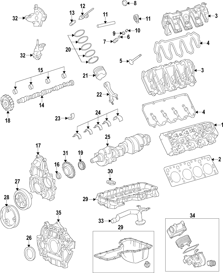 Diagram Camshaft & timing. Crankshaft & bearings. Cylinder head & valves. Lubrication. Mounts. Pistons. Rings & bearings. for your 2005 Chevrolet Cavalier   