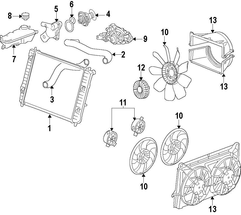 Diagram COOLING SYSTEM. COOLING FAN. RADIATOR. WATER PUMP. for your 2011 Chevrolet Suburban 2500 LT Sport Utility  