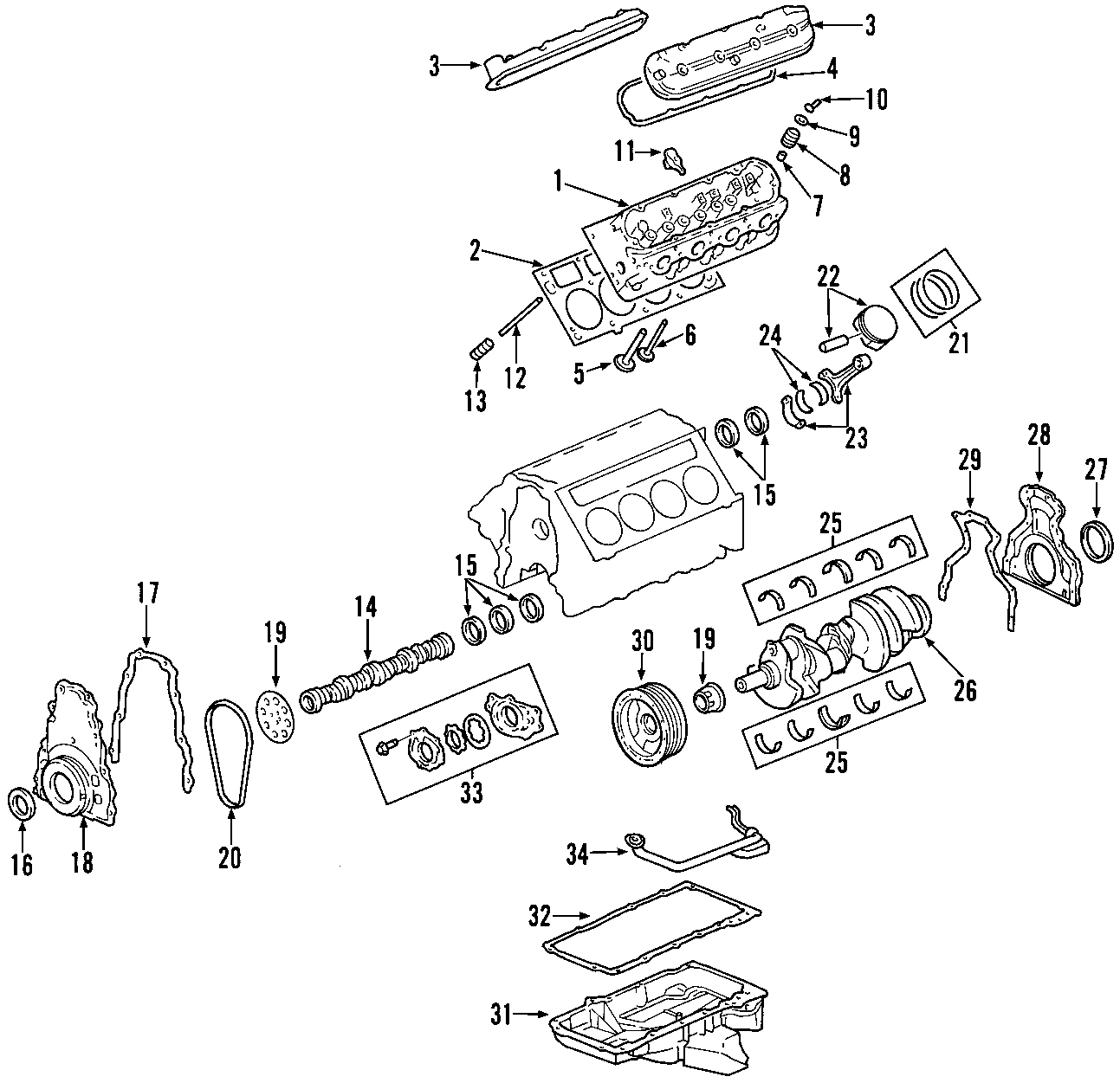 Diagram CAMSHAFT & TIMING. CRANKSHAFT & BEARINGS. CYLINDER HEAD & VALVES. LUBRICATION. MOUNTS. PISTONS. RINGS & BEARINGS. for your 2013 Chevrolet