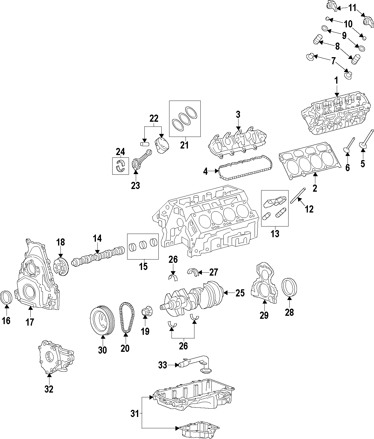 Diagram CAMSHAFT & TIMING. CRANKSHAFT & BEARINGS. CYLINDER HEAD & VALVES. LUBRICATION. MOUNTS. PISTONS. RINGS & BEARINGS. for your 2013 Chevrolet Express 2500   