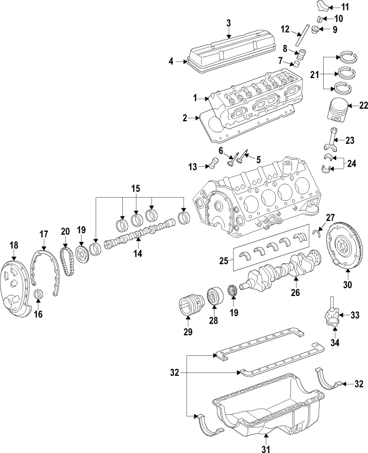 Diagram CAMSHAFT & TIMING. CRANKSHAFT & BEARINGS. CYLINDER HEAD & VALVES. LUBRICATION. MOUNTS. PISTONS. RINGS & BEARINGS. for your 2005 Chevrolet Trailblazer   