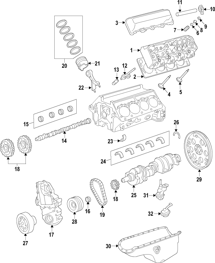 Diagram CAMSHAFT & TIMING. CRANKSHAFT & BEARINGS. CYLINDER HEAD & VALVES. LUBRICATION. MOUNTS. PISTONS. RINGS & BEARINGS. for your 2005 Chevrolet Equinox   