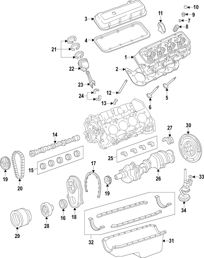 Diagram CAMSHAFT & TIMING. CRANKSHAFT & BEARINGS. CYLINDER HEAD & VALVES. LUBRICATION. MOUNTS. PISTONS. RINGS & BEARINGS. for your 2005 Chevrolet Blazer   