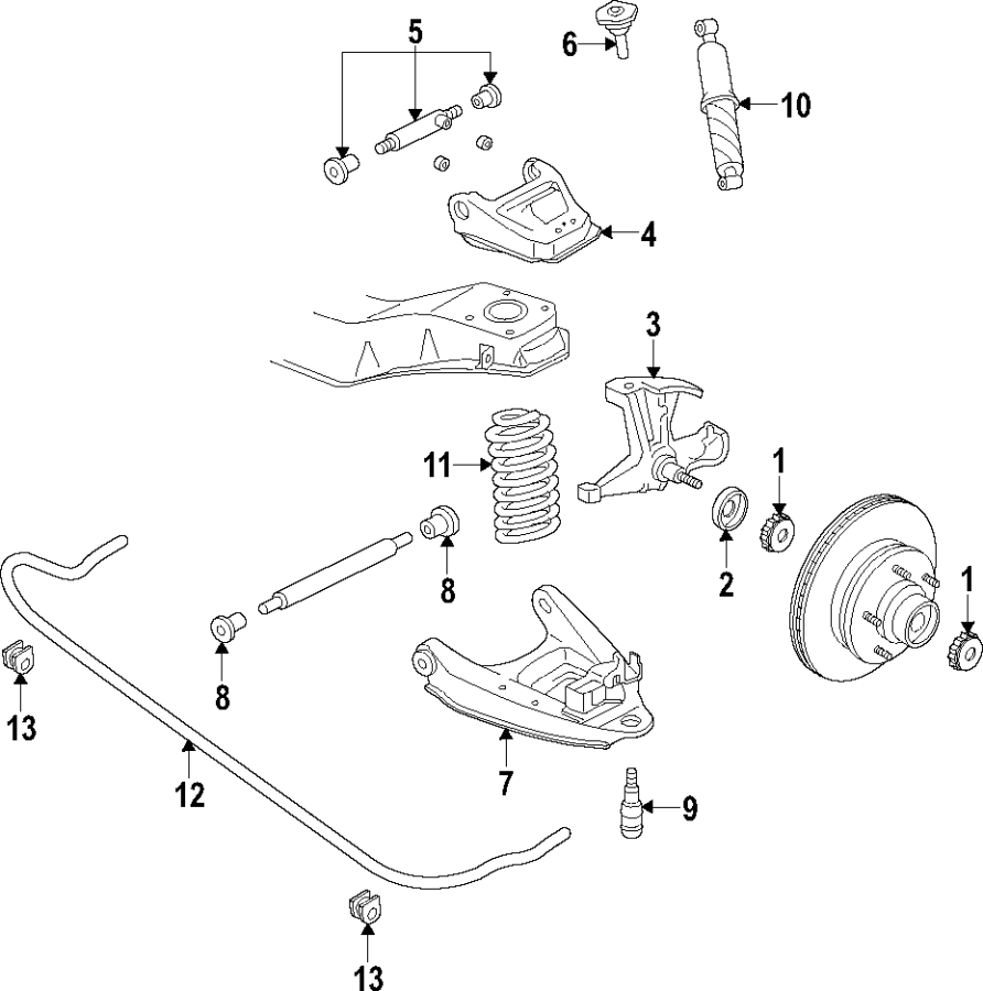 Diagram FRONT SUSPENSION. LOWER CONTROL ARM. STABILIZER BAR. SUSPENSION COMPONENTS. UPPER CONTROL ARM. for your 2004 GMC Sierra 2500 HD 6.6L Duramax V8 DIESEL A/T RWD SLT Crew Cab Pickup 