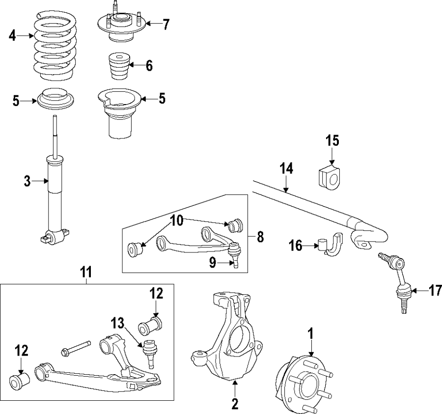 Diagram FRONT SUSPENSION. LOWER CONTROL ARM. STABILIZER BAR. SUSPENSION COMPONENTS. UPPER CONTROL ARM. for your 2012 GMC Sierra 2500 HD 6.6L Duramax V8 DIESEL A/T 4WD SLT Crew Cab Pickup Fleetside 