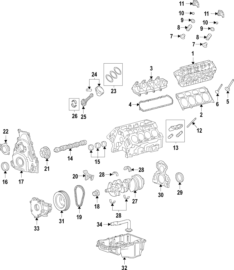 Diagram Camshaft & timing. Crankshaft & bearings. Cylinder head & valves. Lubrication. Mounts. Pistons. Rings & bearings. for your 2005 Chevrolet Classic   