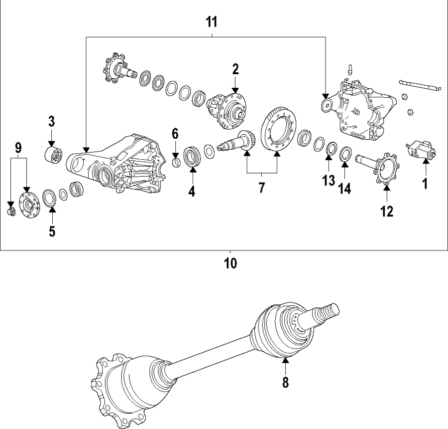 11Rear axle. Axle shafts & joints. Differential. Drive axles. Propeller shaft.https://images.simplepart.com/images/parts/motor/fullsize/T251150.png