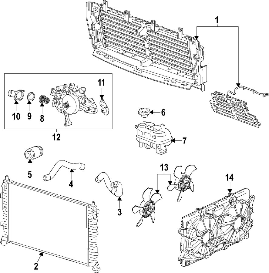 Diagram Cooling system. Cooling fan. Radiator. Water pump. for your Cadillac Escalade ESV  