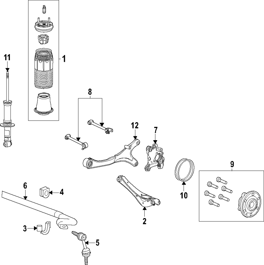 12Rear suspension. Lower control arm. Ride control. Stabilizer bar. Suspension components.https://images.simplepart.com/images/parts/motor/fullsize/T252140.png