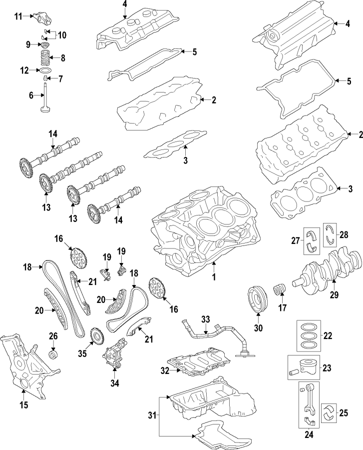 CAMSHAFT & TIMING. CRANKSHAFT & BEARINGS. CYLINDER HEAD & VALVES. LUBRICATION. MOUNTS. PISTONS. RINGS & BEARINGS. Diagram