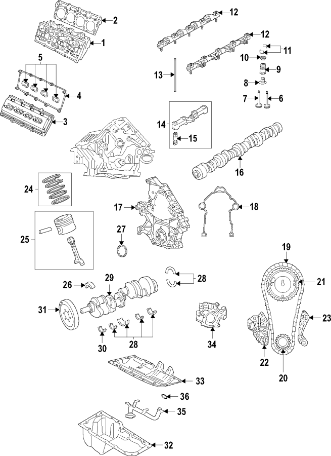 Camshaft & timing. Crankshaft & bearings. Cylinder head & valves. Lubrication. Mounts. Pistons. Rings & bearings. Diagram