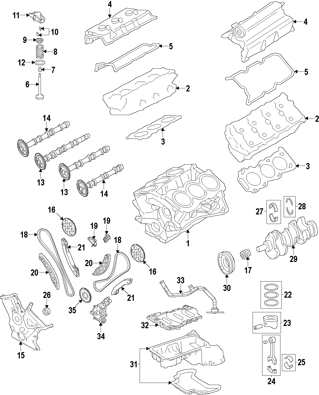 CAMSHAFT & TIMING. CRANKSHAFT & BEARINGS. CYLINDER HEAD & VALVES. LUBRICATION. MOUNTS. PISTONS. RINGS & BEARINGS. Diagram