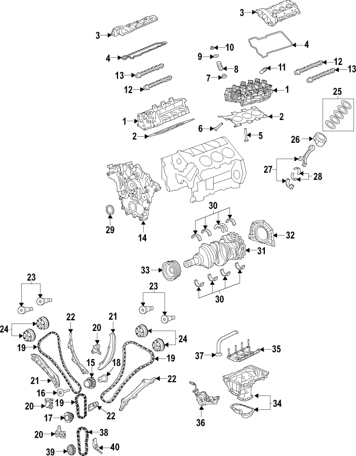 Diagram CAMSHAFT & TIMING. CRANKSHAFT & BEARINGS. CYLINDER HEAD & VALVES. LUBRICATION. MOUNTS. PISTONS. RINGS & BEARINGS. for your 2019 Ram ProMaster 1500   