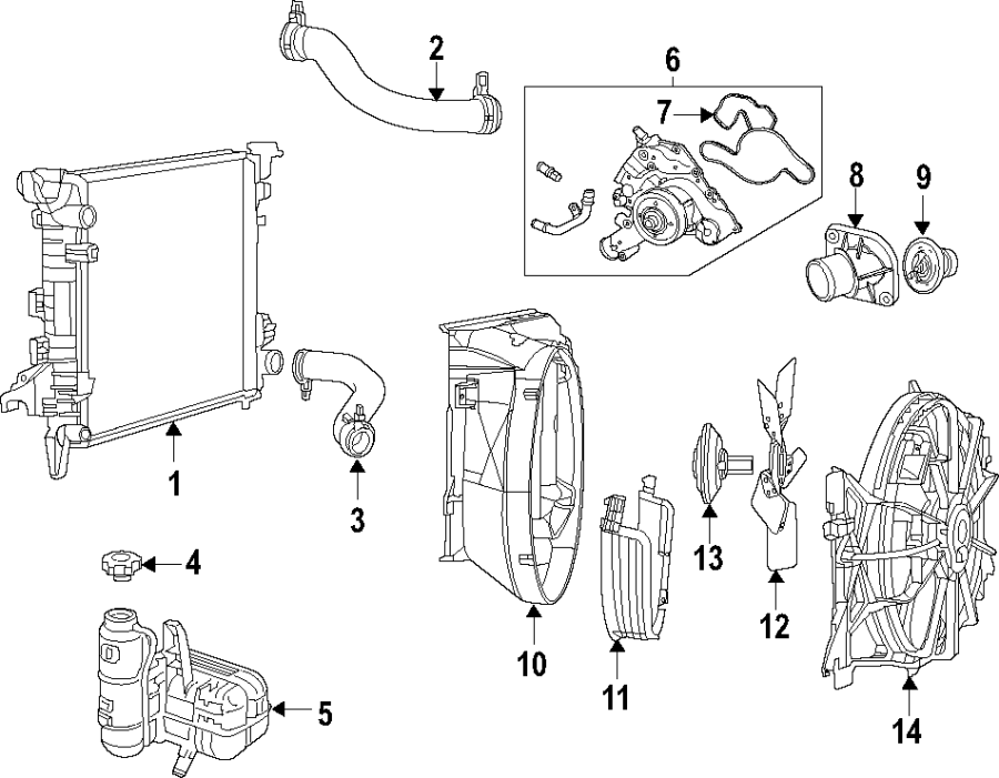 Diagram COOLING SYSTEM. COOLING FAN. RADIATOR. WATER PUMP. for your 2021 Ram 2500 6.4L HEMI V8 A/T 4WD Limited Crew Cab Pickup Fleetside 