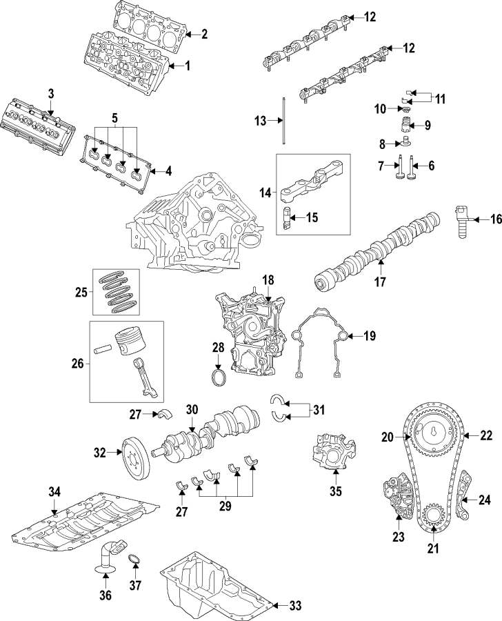 Camshaft & timing. Crankshaft & bearings. Cylinder head & valves. Lubrication. Mounts. Pistons. Rings & bearings. Diagram