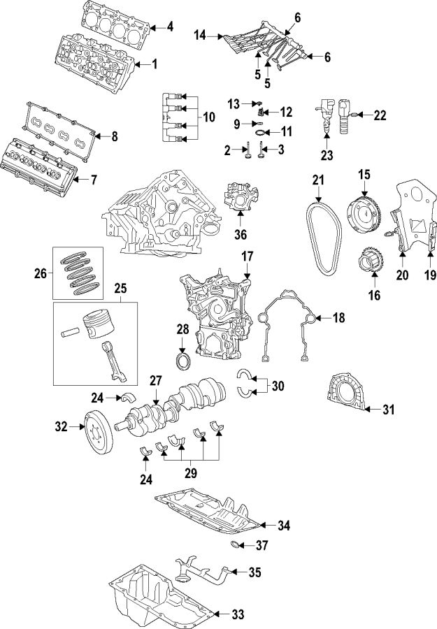 Camshaft & timing. Crankshaft & bearings. Cylinder head & valves. Lubrication. Mounts. Pistons. Rings & bearings. Diagram