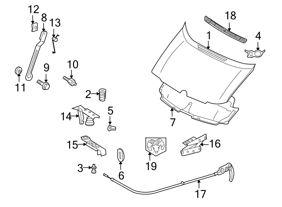 Diagram EXTERIOR TRIM. HOOD & COMPONENTS. for your 2024 Ram ProMaster 3500   