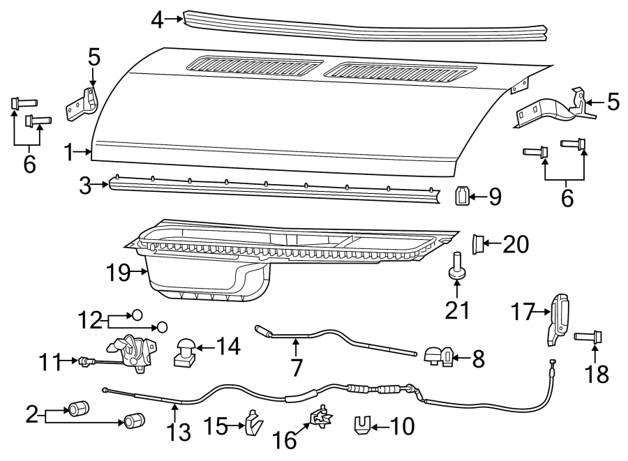 Diagram Hood & components. for your 2023 Ram 2500 6.7L 6 cylinder DIESEL A/T RWD Lone Star Crew Cab Pickup Fleetside 