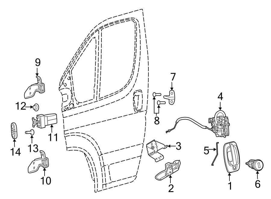 Diagram Front door. Lock & hardware. for your 2023 Ram 2500 6.7L 6 cylinder DIESEL A/T RWD Lone Star Crew Cab Pickup Fleetside 