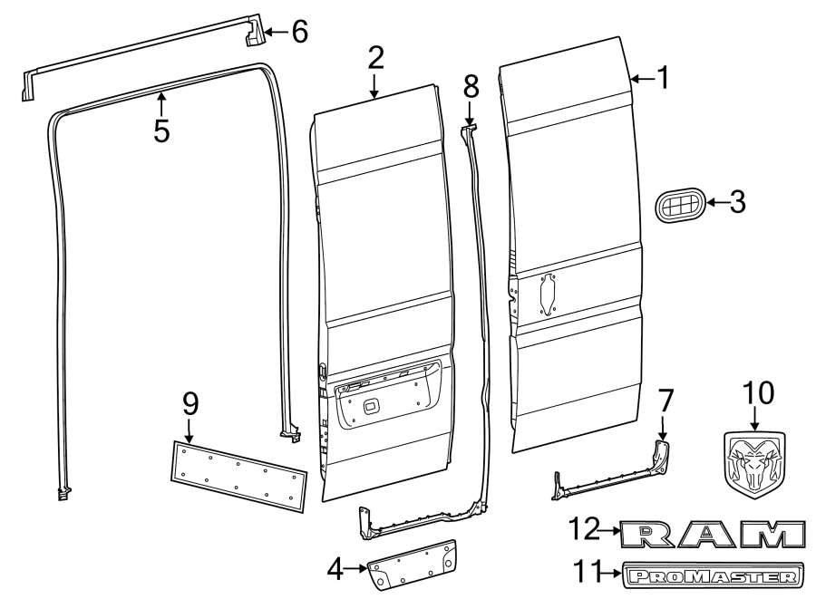 BACK DOOR. DOOR & COMPONENTS. EXTERIOR TRIM. Diagram