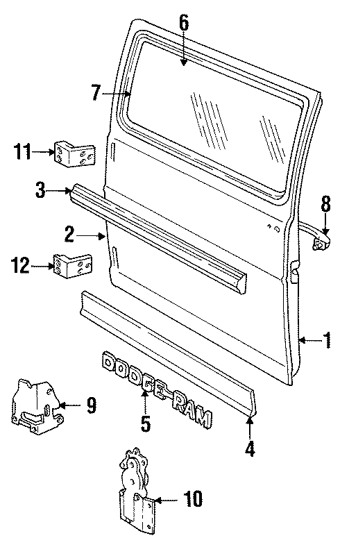 8REAR LOADING DOOR. DOOR & COMPONENTS. EXTERIOR TRIM. GLASS & HARDWARE.https://images.simplepart.com/images/parts/motor/fullsize/TB91215.png