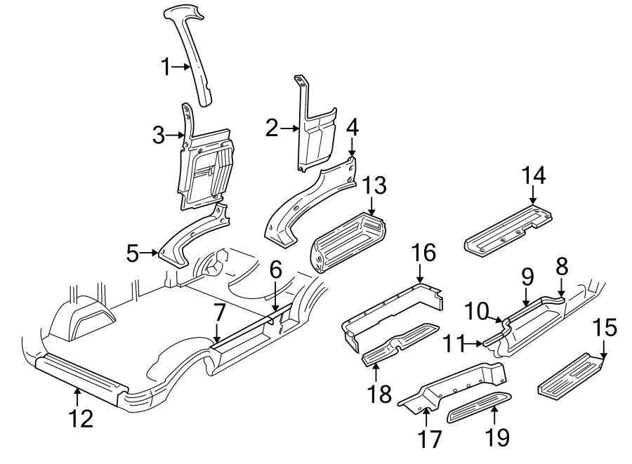 12Pillars. Rocker & floor. Interior trim.https://images.simplepart.com/images/parts/motor/fullsize/TB94055.png