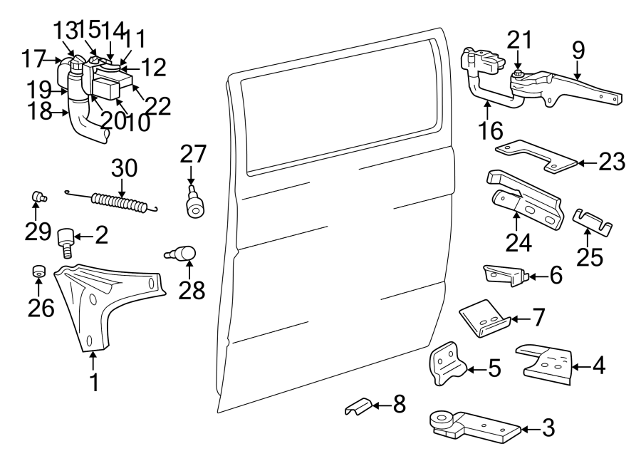 13SIDE LOADING DOOR. HARDWARE.https://images.simplepart.com/images/parts/motor/fullsize/TB94601.png