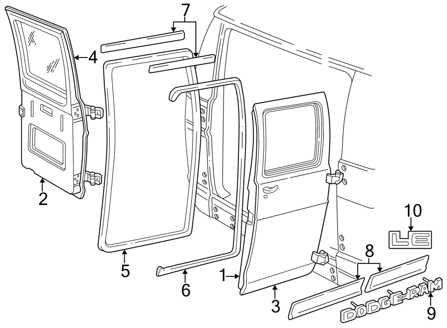 1Rear loading door. Door & components. Exterior trim.https://images.simplepart.com/images/parts/motor/fullsize/TB94740.png