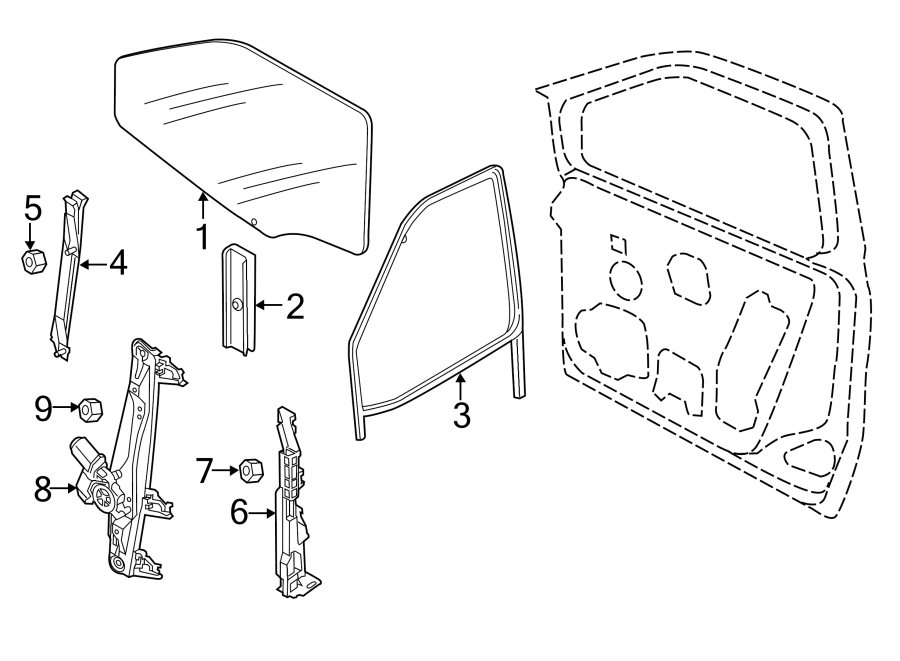 Diagram FRONT DOOR. GLASS & HARDWARE. for your 2023 Ram 2500 6.7L 6 cylinder DIESEL A/T RWD Lone Star Crew Cab Pickup Fleetside 