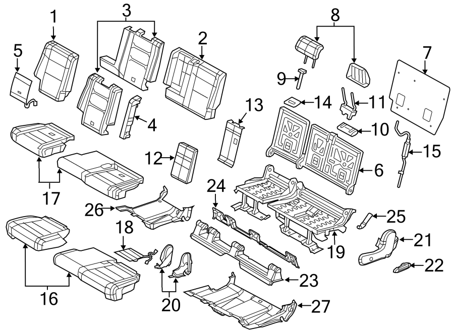 Diagram SEATS & TRACKS. REAR SEAT COMPONENTS. for your 2023 Dodge Durango 3.6L Pentastar V6 A/T AWD GT Plus Sport Utility 