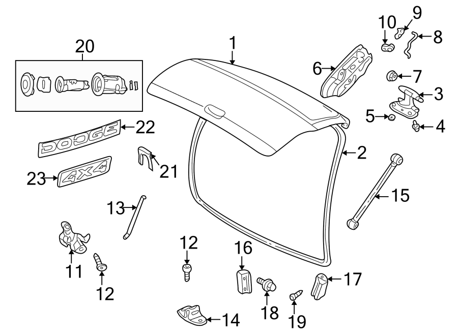Diagram LIFT GATE. EXTERIOR TRIM. GATE & HARDWARE. for your Ram